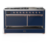 ILVE UM60FQNR3MBP Majestic III 60 inch Dual Fuel Range with 9 Burners and Griddle, Dual Function Burner up to 25,000 BTU (Natural Gas, Solid Door, Midnight Blue, Copper)