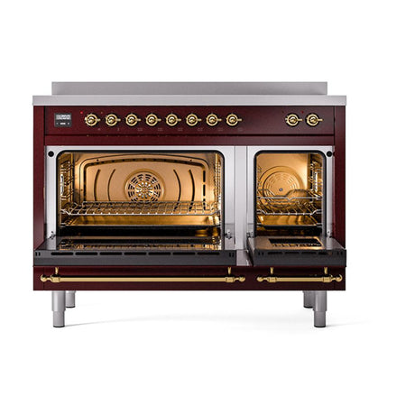 ILVE UNI486QNMPBUG Nostalgie II Noblesse 48 inch Induction Range (Solid Door, Burgundy, Brass)