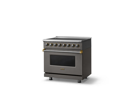 36"W. Induction Range (Finish: Damascus Gray, Trim: Brushed Brass)