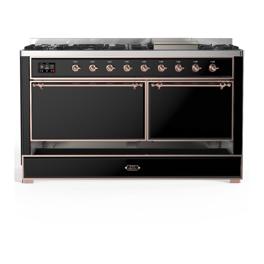 ILVE UM60FQNR3BKP Majestic III 60 inch Dual Fuel Range with 9 Burners and Griddle, Dual Function Burner up to 25,000 BTU (Natural Gas, Solid Door, Glossy Black, Copper)