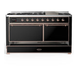 ILVE UM60FQNR3BKP Majestic III 60 inch Dual Fuel Range with 9 Burners and Griddle, Dual Function Burner up to 25,000 BTU (Natural Gas, Solid Door, Glossy Black, Copper)