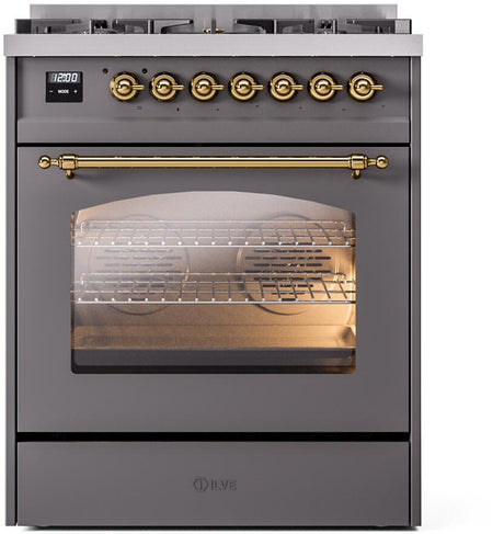 Nostalgie II 30 Inch Dual Fuel Liquid Propane Freestanding Range in Matte Graphite with Brass Trim
