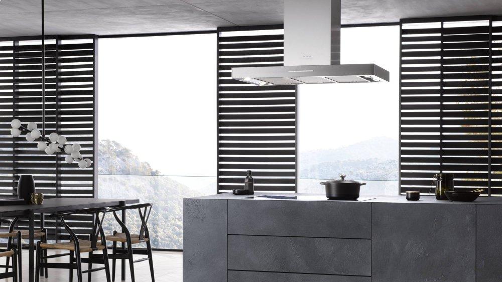 PUR 98 D Stainless steel - Island d(eback)cor hood with energy-efficient LED lighting and backlit controls for easy use.
