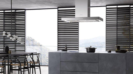 PUR 98 D Stainless steel - Island d(eback)cor hood with energy-efficient LED lighting and backlit controls for easy use.