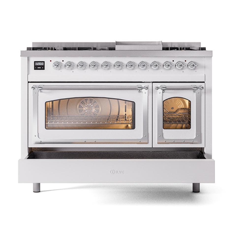ILVE UN48FNMPWHC Nostalgie II Noblesse 48 inch Dual Fuel Range (8 Sealed Burners + Griddle, Natural Gas, Triple Glass Door, White, Chrome)