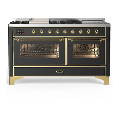 ILVE UM60FSNR3MGGLP Majestic III 60 inch Dual Fuel Range with 7 Burners, Griddle and French Top, Dual Function Burner with up to 25,000 BTU (Liquid Propane, Triple Glass Door, Graphite Matte, Brass)