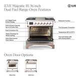 ILVE UM36FNR3SSGLP Majestic III 36 inch Dual Fuel Range with 6 Black Brass Burners and Griddle, Dual Function Burner up to 25,000 BTU (Triple Glass Door, Stainless Steel, Brass, Liquid Propane)
