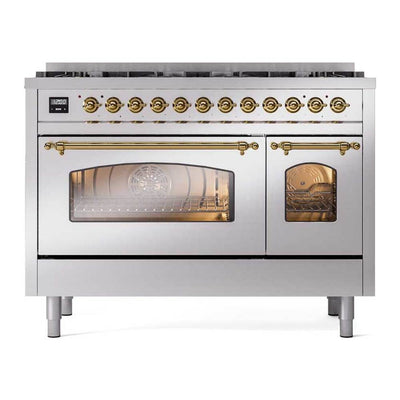 ILVE UP488NMPSSG Nostalgie II 48 inch Dual Fuel Range with 8 Total Black Brass Sealed Burners, Brass Trim (Limited Edition) (Natural Gas, Stainless Steel)