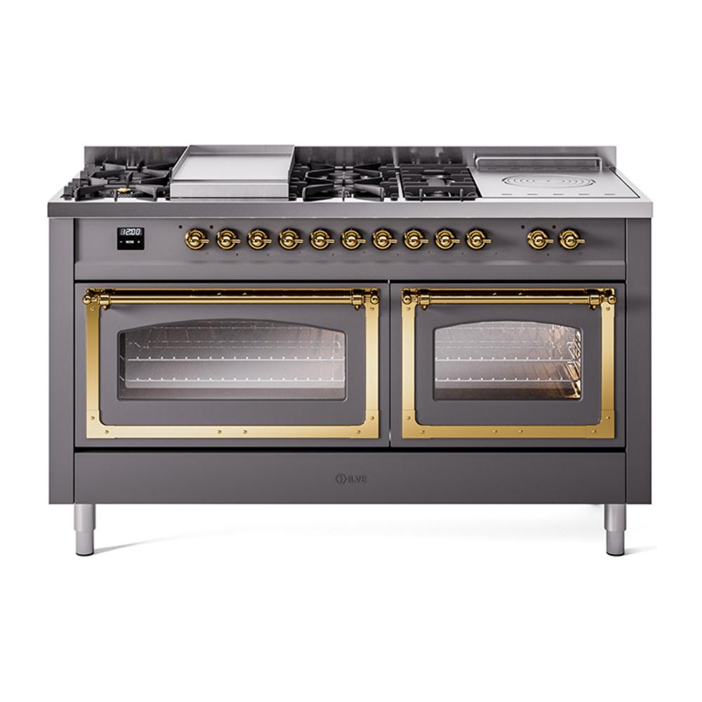 ILVE UN60FSNMPMGGLP Nostalgie II Noblesse 60 inch Dual Fuel Range (7 Sealed Burners + Griddle + French Top, Liquid Propane, Triple Glass Door, Graphite Matte, Brass)