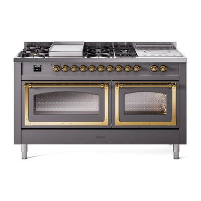 ILVE UN60FSNMPMGGLP Nostalgie II Noblesse 60 inch Dual Fuel Range (7 Sealed Burners + Griddle + French Top, Liquid Propane, Triple Glass Door, Graphite Matte, Brass)