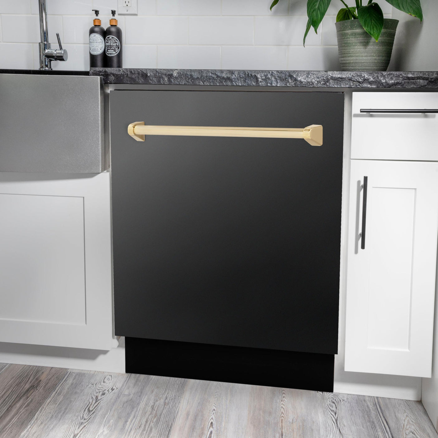 ZLINE Autograph Edition 24" 3rd Rack Top Control Tall Tub Dishwasher in Black Stainless Steel with Accent Handle, 51dBa (DWVZ-BS-24) [Color: Gold]