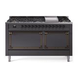 ILVE UN60FQNMPMGB Nostalgie II Noblesse 60 inch Dual Fuel Range (9 Sealed Burners + Griddle, Natural Gas, Solid Door, Graphite Matte, Burnished)