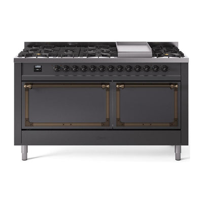 ILVE UN60FQNMPMGB Nostalgie II Noblesse 60 inch Dual Fuel Range (9 Sealed Burners + Griddle, Natural Gas, Solid Door, Graphite Matte, Burnished)