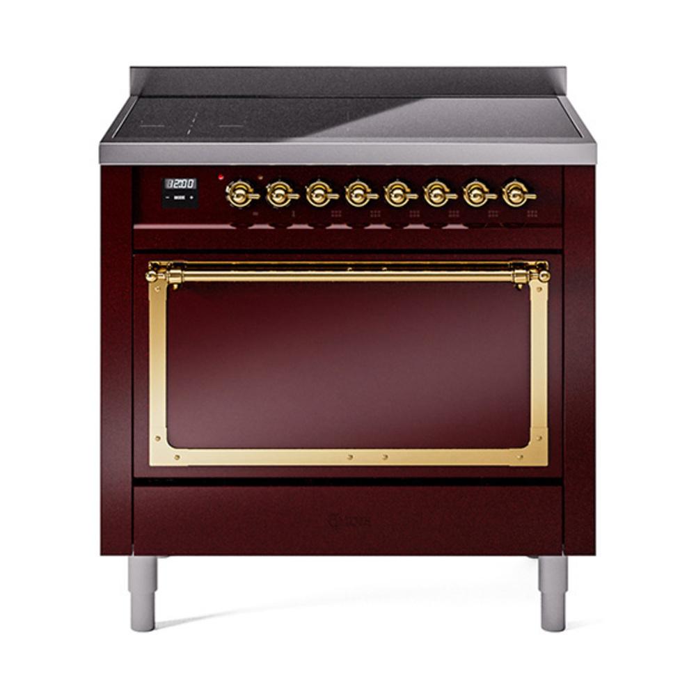 ILVE UNI366QNMPBUG Nostalgie II Noblesse 36 inch Induction Range (Solid Door, Burgundy, Brass)