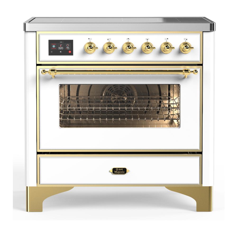 ILVE UMIB36NR3WHG Majestic III 36 inch Induction Range with 6 Elements, 3.5 cu. ft. Total Oven Capacity (Triple Glass Door, White, Brass)