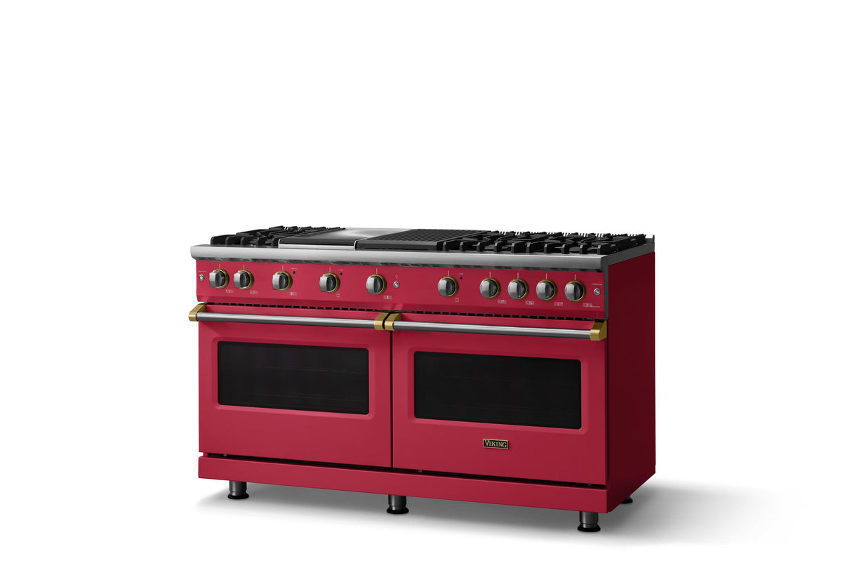 60"W. Sealed Burner Gas Range (Finish: Valentine, Trim: Brushed Brass, Fuel: Natural Gas)