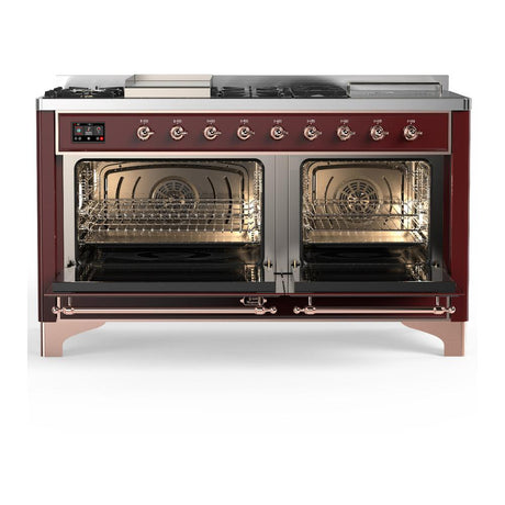 ILVE UM60FSNR3BUPLP Majestic III 60 inch Dual Fuel Range with 7 Burners, Griddle and French Top, Dual Function Burner with up to 25,000 BTU (Liquid Propane, Triple Glass Door, Burgundy, Copper)