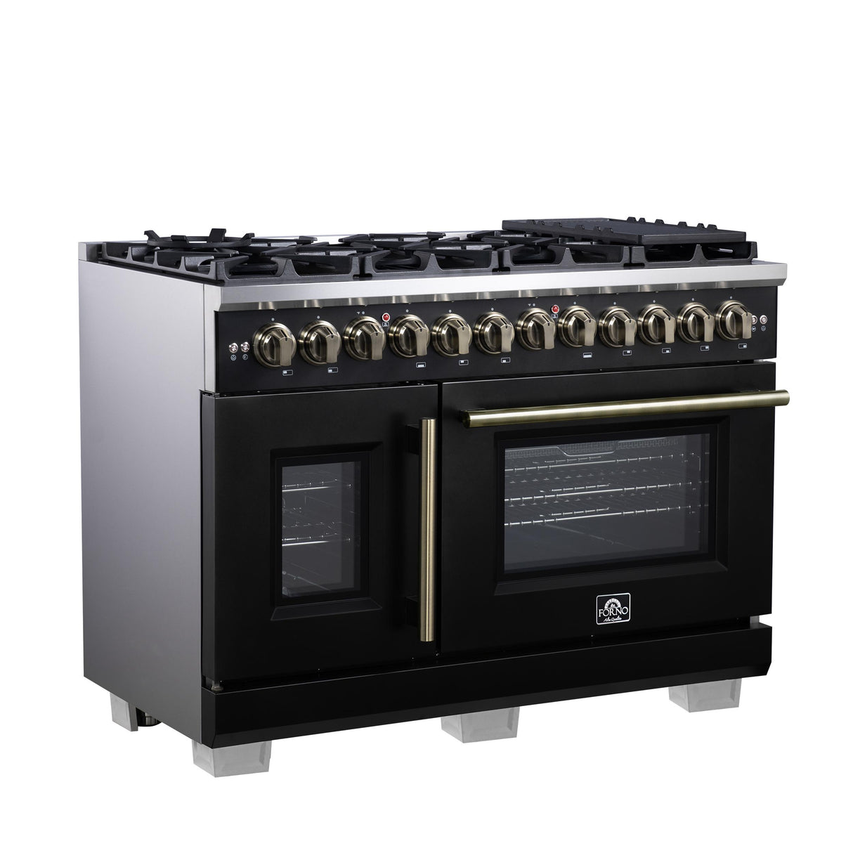 Forno Capriasca 48 Inch Freestanding French Door Dual Fuel Range in Black with Antique Brass Accessories, 8 Burners, True Convection Oven