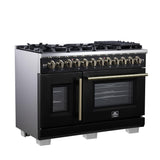 Forno Capriasca 48 Inch Freestanding French Door Dual Fuel Range in Black with Antique Brass Accessories, 8 Burners, True Convection Oven