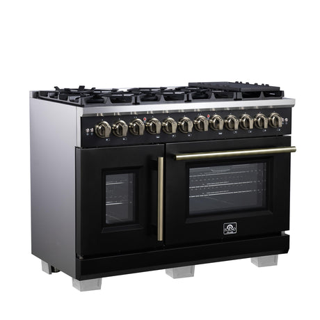 Forno Capriasca 48 Inch Freestanding French Door Dual Fuel Range in Black with Antique Brass Accessories, 8 Burners, True Convection Oven