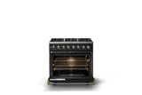 36"W. Dual Fuel Range (Burner: 6b, Finish: Onyx, Trim: Brushed Brass, Fuel: Propane)