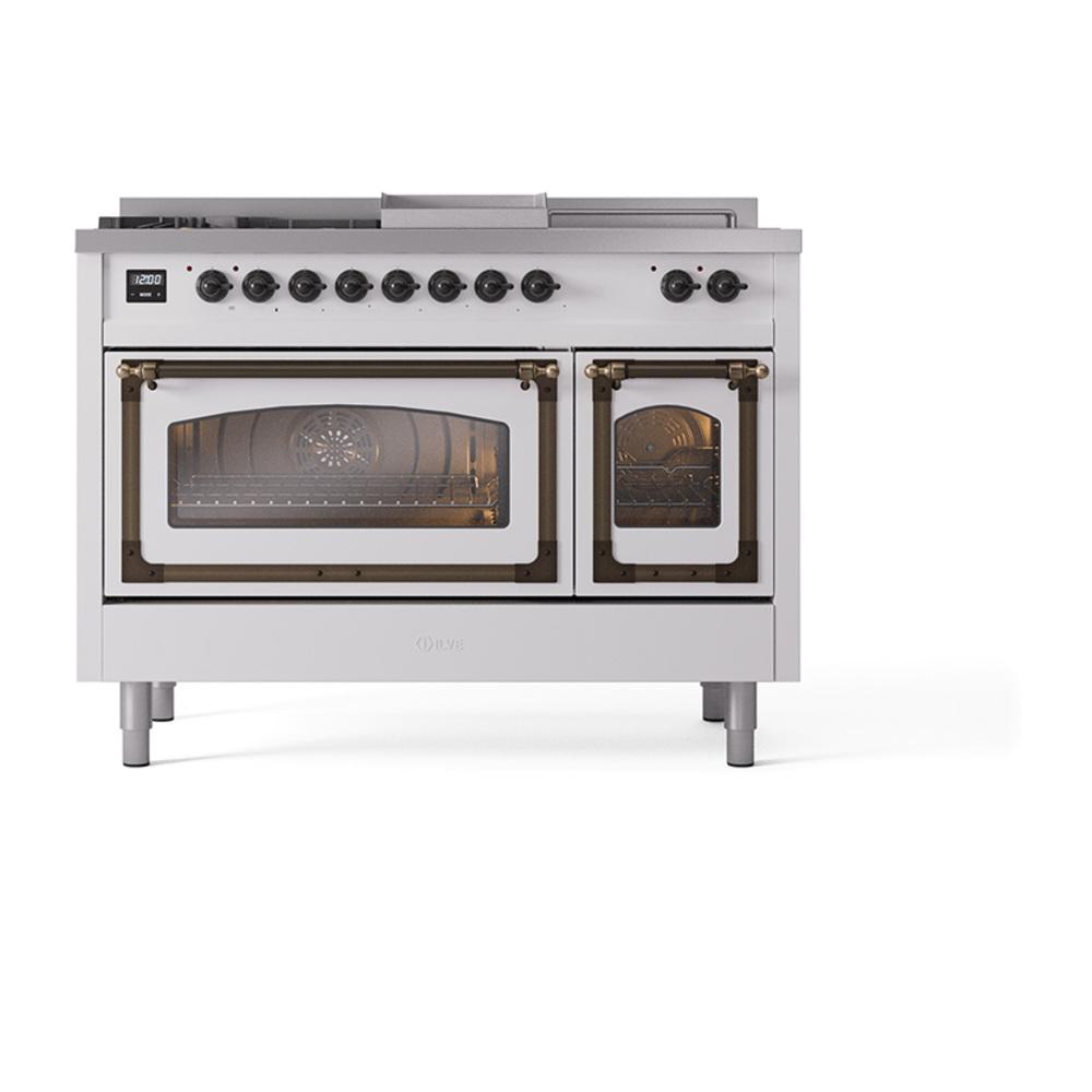 ILVE UN48FSNMPWHB Nostalgie II Noblesse 48 inch Dual Fuel Range (5 Sealed Burners + Griddle + French Top, Natural Gas, Triple Glass Door, White, Burnished)