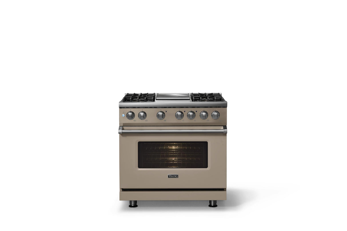 36"W. Dual Fuel Range (Burner: 4g, Finish: Nantucket, Trim: Polished Chrome, Fuel: Natural Gas)