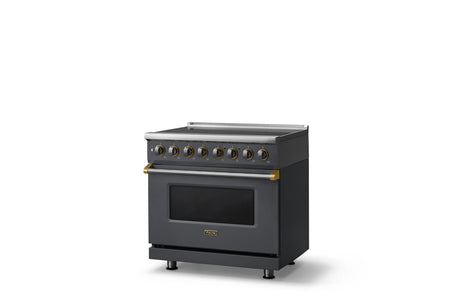36"W. Induction Range (Finish: Cast Black, Trim: Brushed Brass)