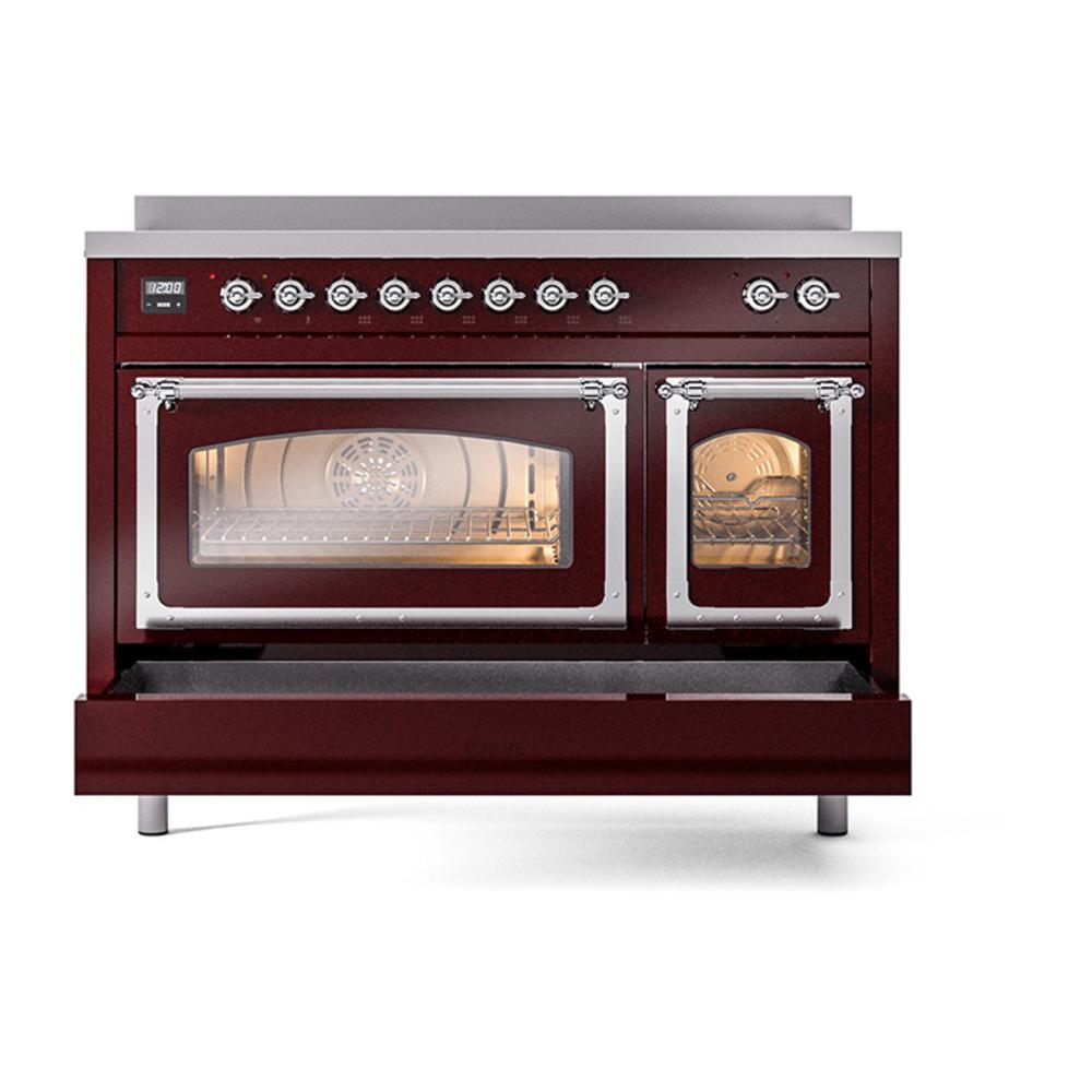 ILVE UNI486NMPBUC Nostalgie II Noblesse 48 inch Induction Range (Triple Glass Door, Burgundy, Chrome)