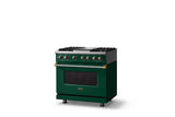 36"W. Dual Fuel Range (Burner: 4g, Finish: Ivy, Trim: Brushed Brass, Fuel: Natural Gas)