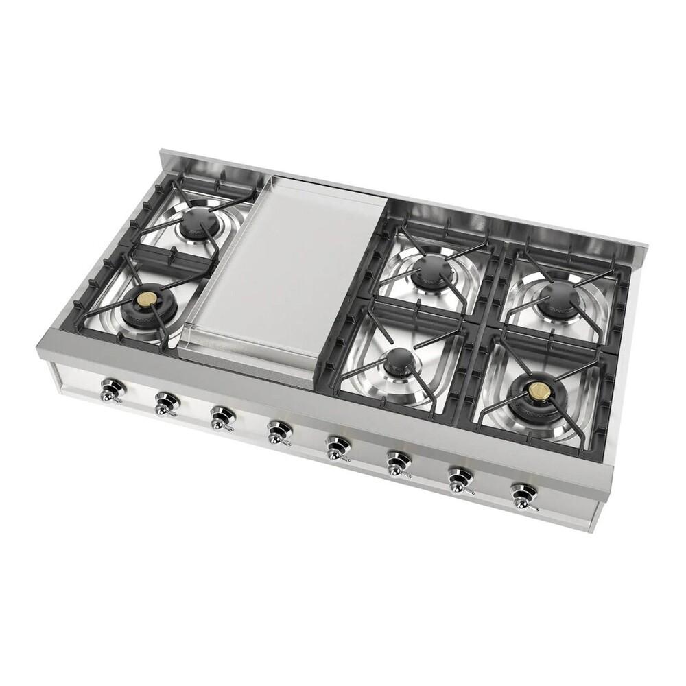 ILVE UHCP48FNSSCLP Nostalgie II 48 inch Built-In Gas Rangetop with Griddle, in Stainless Steel (Liquid Propane, Chrome)