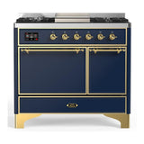 ILVE UMD40FQNR3MBG Majestic III 40 inch Dual Fuel Range with 6 Burners and Griddle, Dual Function Burner up to 25,000 BTU (Natural Gas, Solid Door, Midnight Blue, Brass)