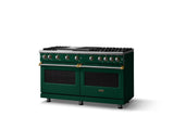 60"W. Sealed Burner Gas Range (Finish: Ivy, Trim: Brushed Brass, Fuel: Natural Gas)