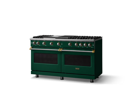 60"W. Sealed Burner Gas Range (Finish: Ivy, Trim: Brushed Brass, Fuel: Propane)