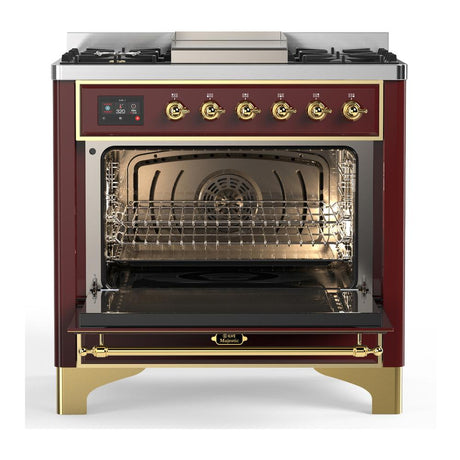 ILVE UM36FNR3BUG Majestic III 36 inch Dual Fuel Range with 6 Black Brass Burners and Griddle, Dual Function Burner up to 25,000 BTU (Triple Glass Door, Burgundy, Brass, Natural Gas)