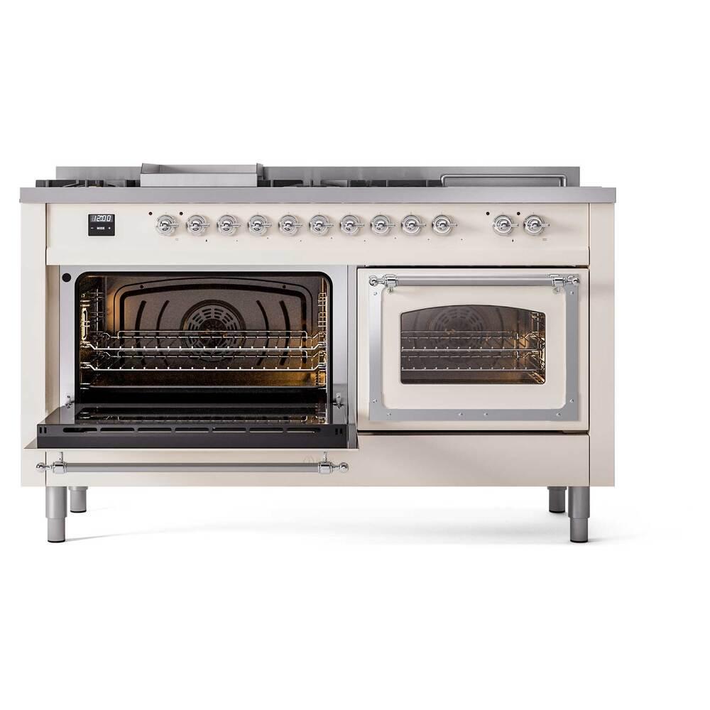 ILVE UN60FSNMPAWCLP Nostalgie II Noblesse 60 inch Dual Fuel Range (7 Sealed Burners + Griddle + French Top, Liquid Propane, Triple Glass Door, Antique White, Chrome)