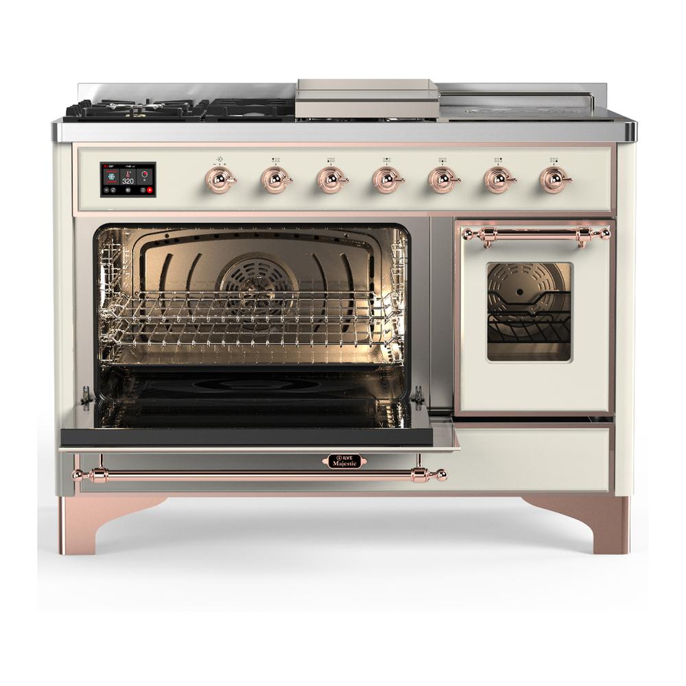 ILVE UM48FSNR3AWP Majestic III 48 inch Dual Fuel Range with 5 Black Brass Burners, Griddle and French Top, Dual Function Burner up to 25,000 BTU (Natural Gas, Triple Glass Door, Antique White, Copper)