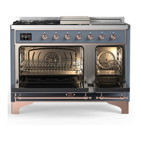 ILVE UM48FSQNR3BGP Majestic III 48 inch Dual Fuel Range with 5 Black Brass Burners, Griddle and French Top, Dual Function Burner up to 25,000 BTU (Natural Gas, Solid Door, Blue Grey, Copper)