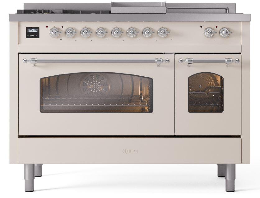 Nostalgie II 48 Inch Dual Fuel Natural Gas Freestanding Range in Antique White with Chrome Trim