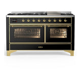 ILVE UM60FNR3BKGLP Majestic III 60 inch Dual Fuel Range with 9 Burners and Griddle, Dual Function Burner up to 25,000 BTU (Liquid Propane, Triple Glass Door, Glossy Black, Brass)