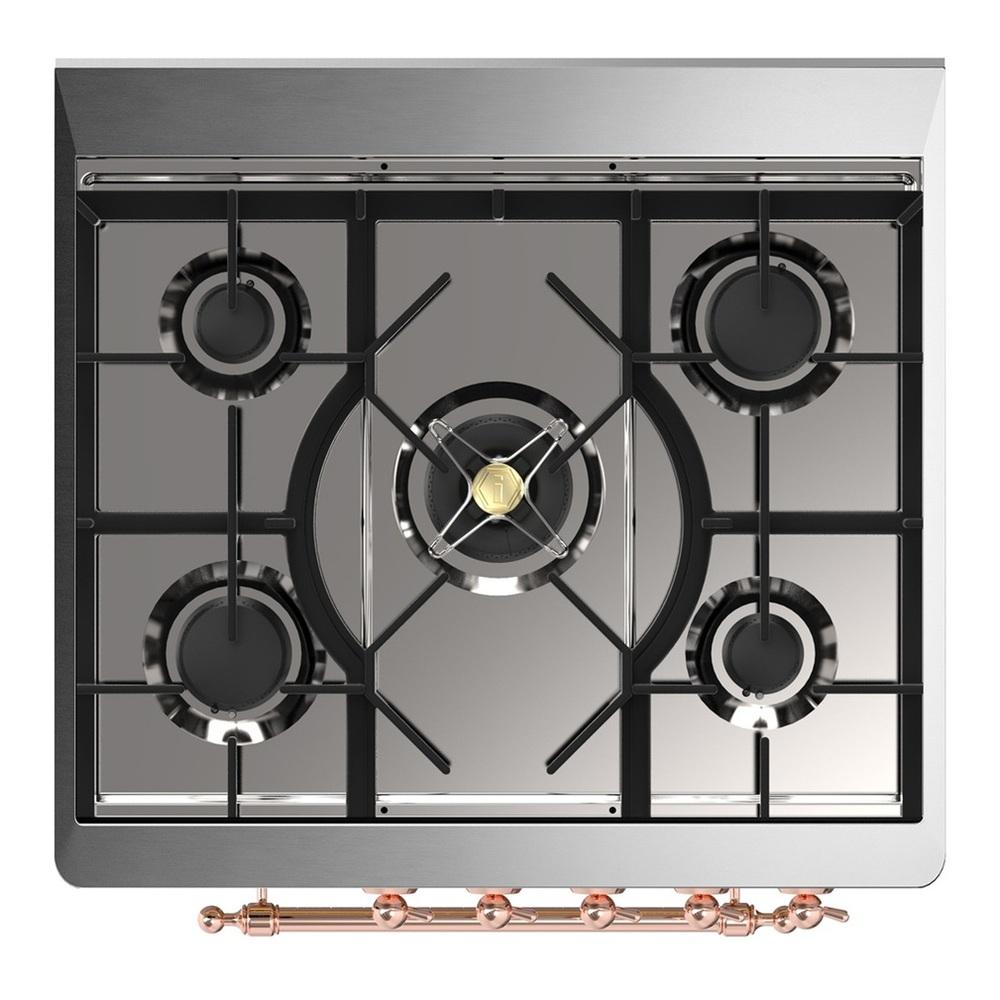 ILVE UM30QNR3MGP Majestic III 30 inch Dual Fuel Range with 5 Black Brass Burners, Dual Function Burner up to 25,000 BTU (Natural Gas, Solid Door, Graphite Matte, Copper)