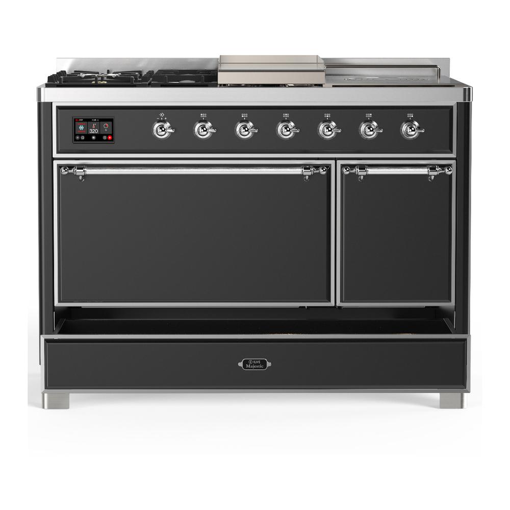 ILVE UM48FSQNR3MGCLP Majestic III 48 inch Dual Fuel Range with 5 Black Brass Burners, Griddle and French Top, Dual Function Burner up to 25,000 BTU (Liquid Propane, Solid Door, Graphite Matte, Chrome)