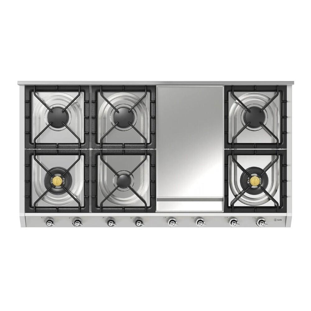 ILVE UHCP1265FNSSC Nostalgie II 48 inch Built-In Gas Cooktop with 8 Burners, Griddle, in Stainless Steel (Natural Gas, Chrome)
