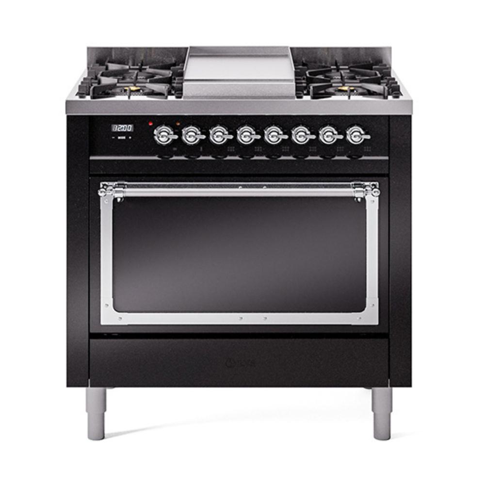 ILVE UN36FQNMPBKCLP Nostalgie II Noblesse 36 inch Dual Fuel Range (Liquid Propane, Solid Door, Glossy Black, Chrome)
