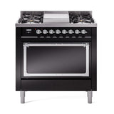 ILVE UN36FQNMPBKCLP Nostalgie II Noblesse 36 inch Dual Fuel Range (Liquid Propane, Solid Door, Glossy Black, Chrome)