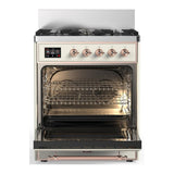 ILVE UM30QNR3AWPLP Majestic III 30 inch Dual Fuel Range with 5 Black Brass Burners, Dual Function Burner up to 25,000 BTU (Liquid Propane, Solid Door, Antique White, Copper)