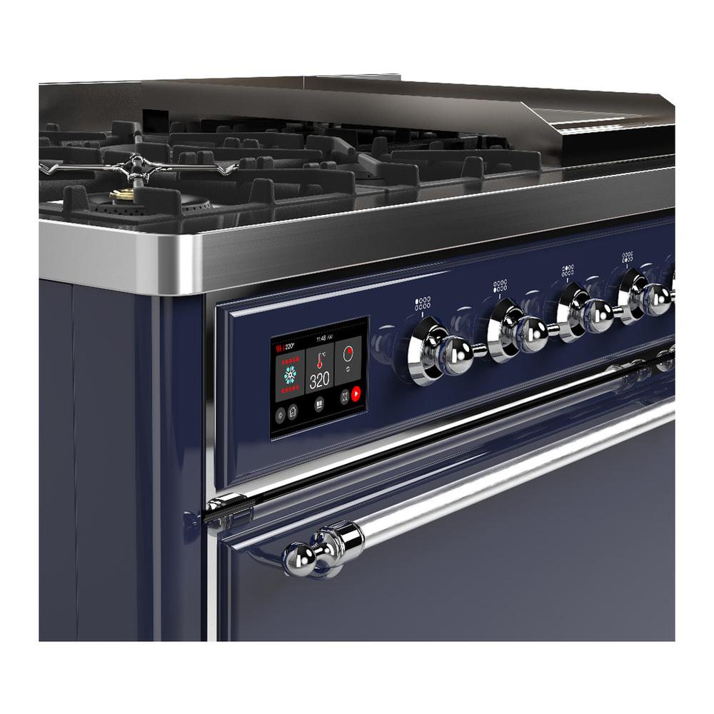 ILVE UM48FQNR3MBCLP Majestic III 48 inch Dual Fuel Range with 8 Burners and Griddle, Dual Function Burner up to 25,000 BTU (Liquid Propane, Solid Door, Midnight Blue, Chrome)
