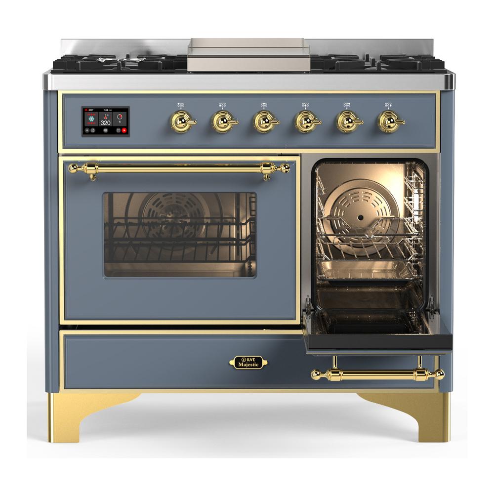 ILVE UMD40FNR3BGG Majestic III 40 inch Dual Fuel Range with 6 Burners and Griddle, Dual Function Burner up to 25,000 BTU (Natural Gas, Triple Glass Door, Blue Grey, Brass)