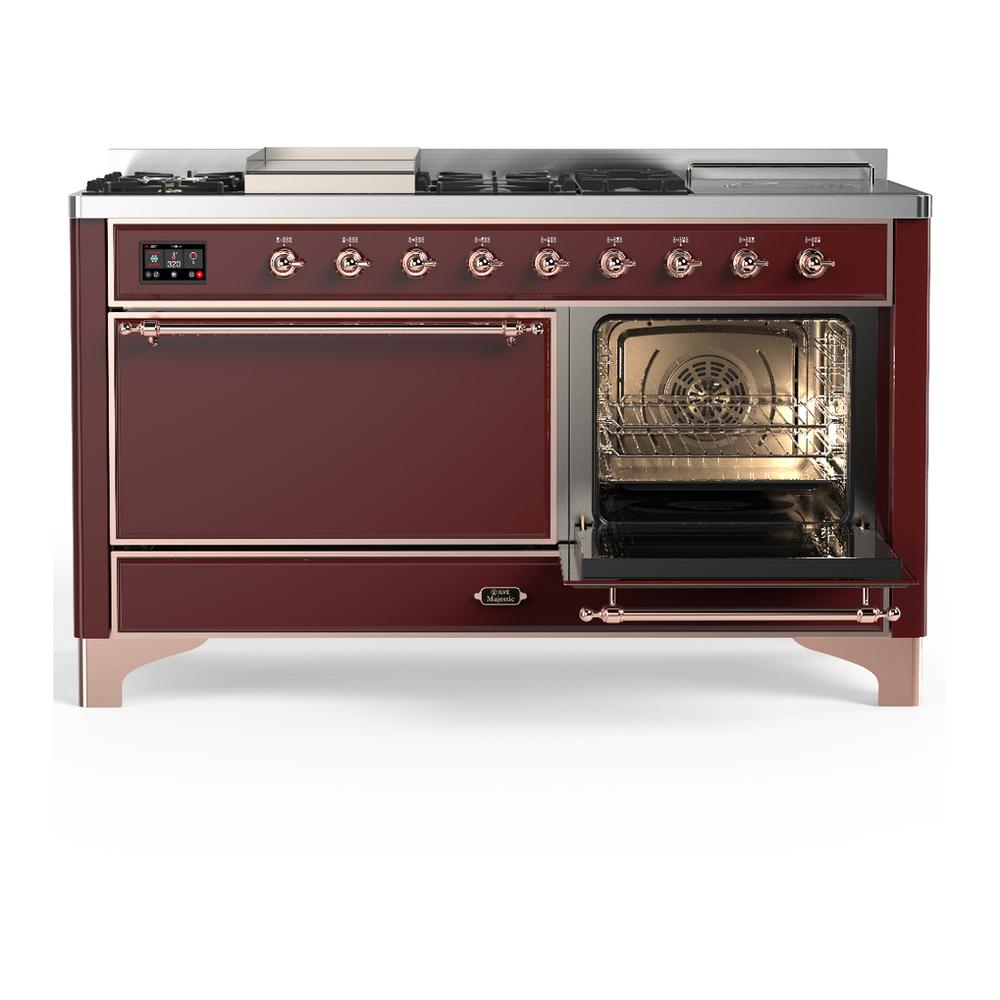 ILVE UM60FSQNR3BUP Majestic III 60 inch Dual Fuel Range with 7 Burners, Griddle and French Top, Dual Function Burner with up to 25,000 BTU (Natural Gas, Solid Door, Burgundy, Copper)