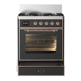 ILVE UM30NR3MGPLP Majestic III 30 inch Dual Fuel Range with 5 Black Brass Burners, Dual Function Burner up to 25,000 BTU (Liquid Propane, Triple Glass Door, Graphite Matte, Copper)